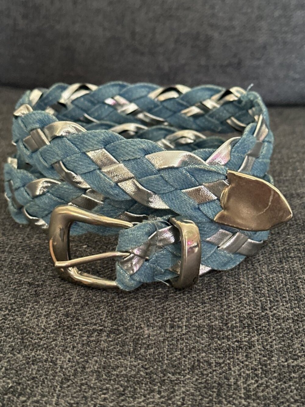 Braided Denim & Silver Metallic Belt With Metal Buckle - 36" Length 1" Width
